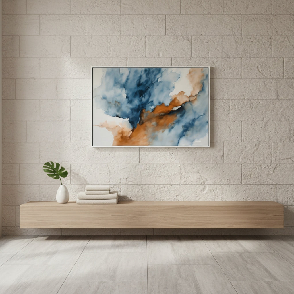 Modern interior with a wooden console table, abstract painting, and plant against a textured wall.