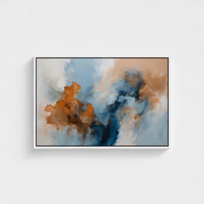 Abstract art piece with blue, orange, and beige colors on a white wall.