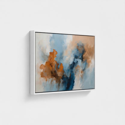 Abstract art piece with blue, orange, and beige colors on a white wall