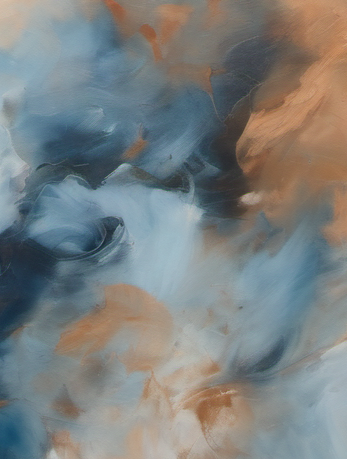 Abstract art with swirling colors of blue, orange, and white.