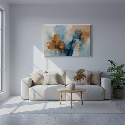 Modern living room with a white sofa, abstract painting, and plant.