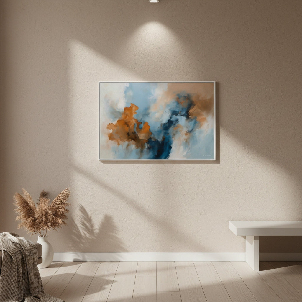 Abstract painting on a wall in a room with a bench and decorative plant.
