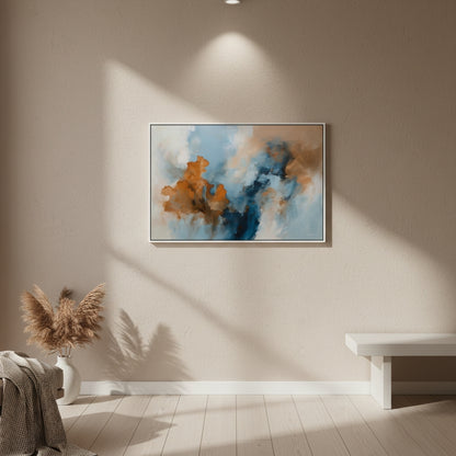 Abstract painting on a wall in a room with a bench and decorative plant.