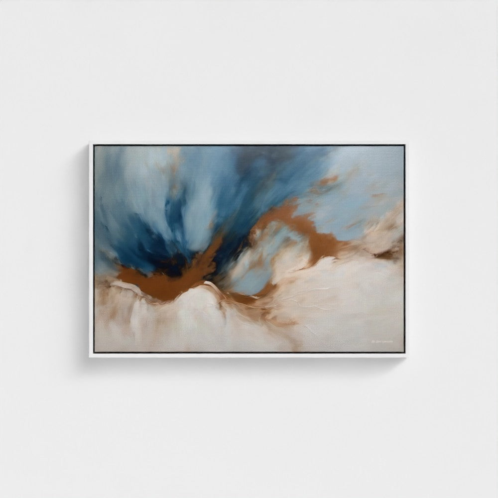 Abstract painting with blue, brown, and white colors on a white wall
