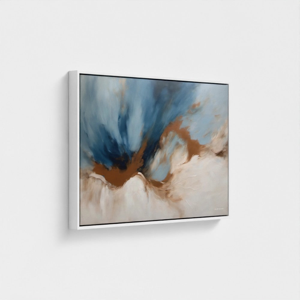 Abstract art piece with blue, brown, and beige colors on a white wall