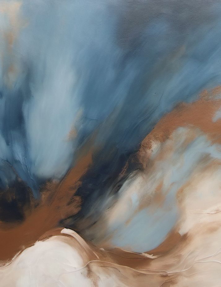 Abstract art with swirling blue, brown, and beige colors