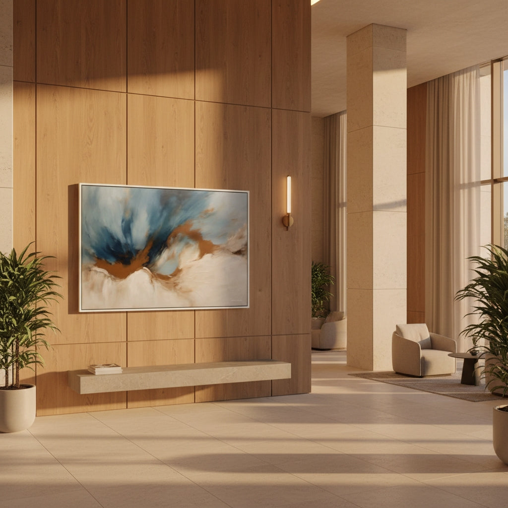 Modern interior with a wooden wall, abstract painting, and a chair.