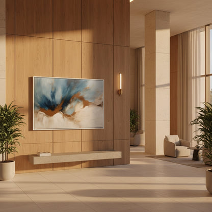 Modern interior with a wooden wall, abstract painting, and a chair.