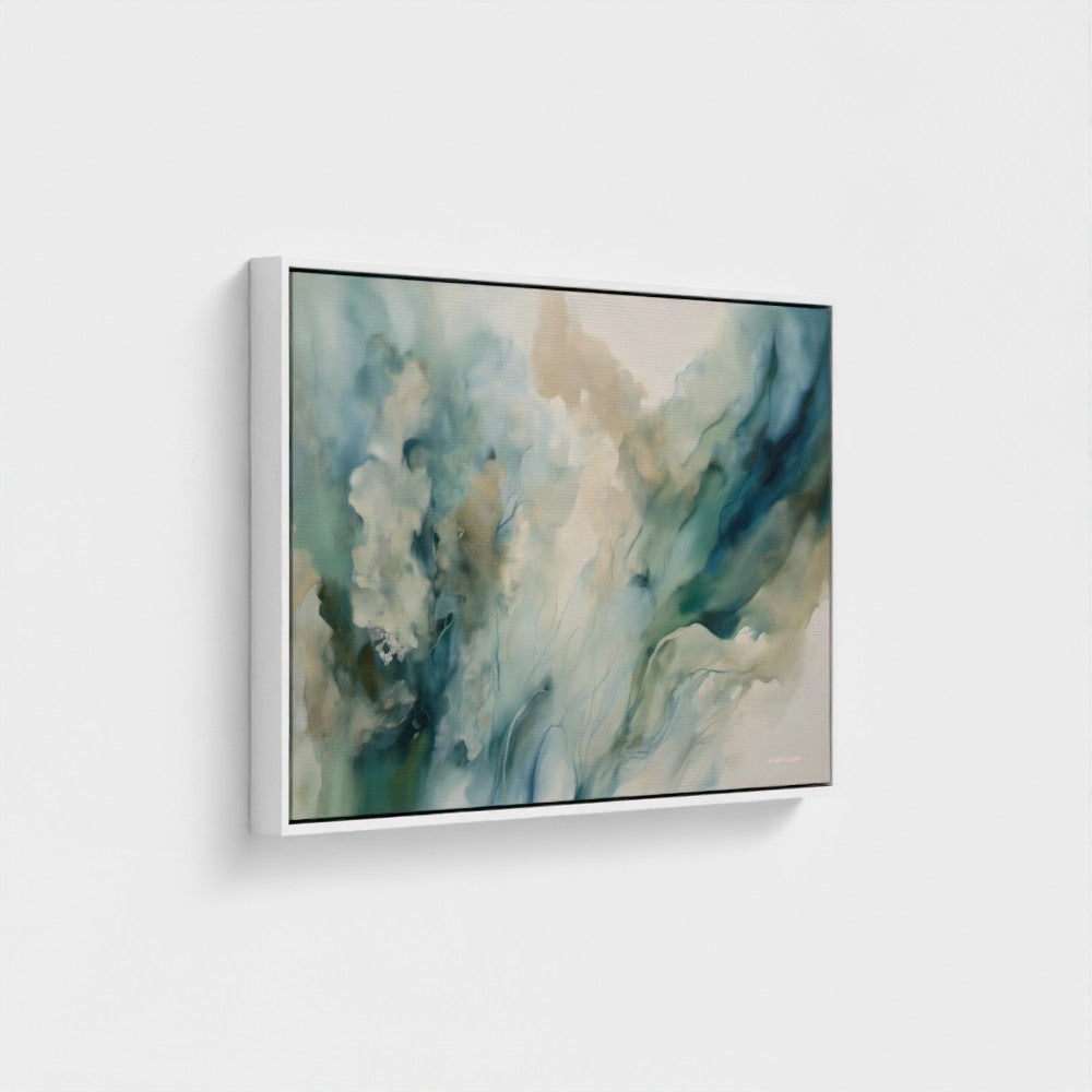 Abstract painting with blue and beige tones on a white wall
