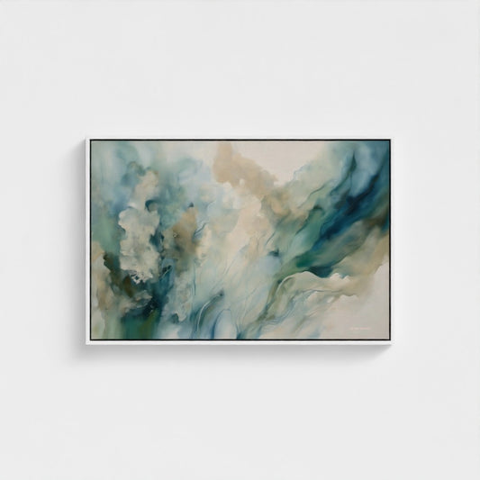 Abstract painting with blue and beige tones on a white wall