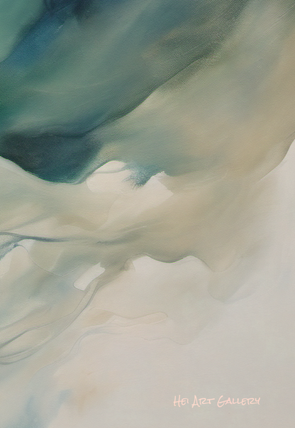 Abstract artwork with flowing blue and beige colors