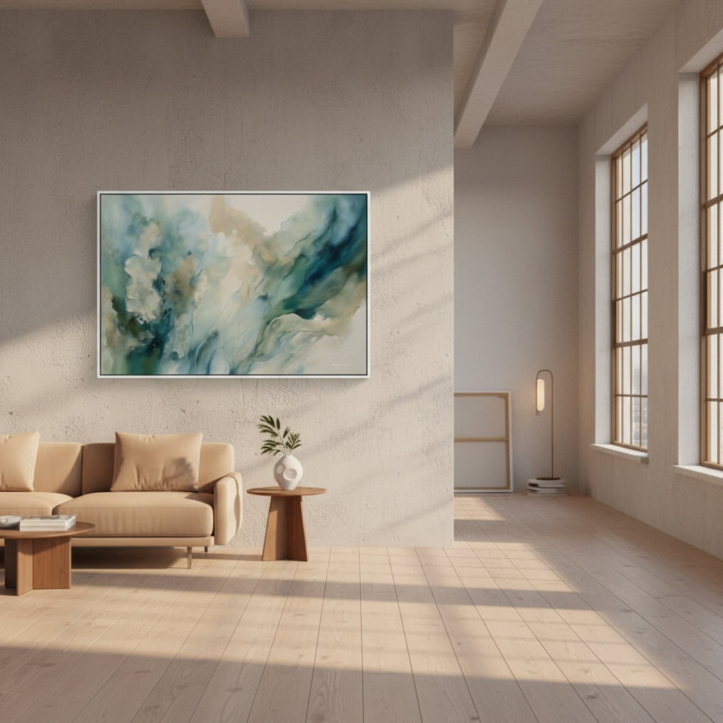 Modern living room with abstract art on the wall, beige sofa, and wooden coffee table.