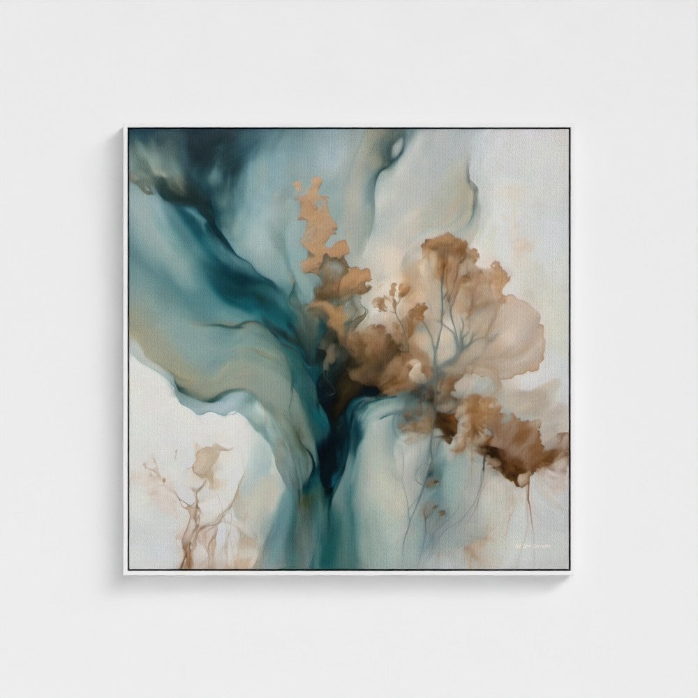 Abstract art piece with brown and blue tones on a white background