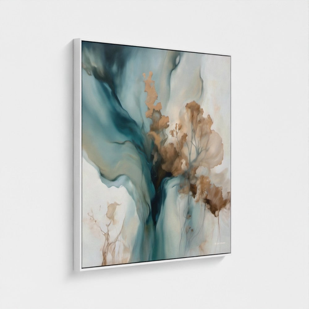 Abstract art piece with blue, brown, and beige colors on a white background
