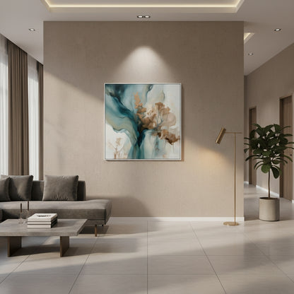 Modern living room with abstract art on the wall, gray sofa, and floor lamp.