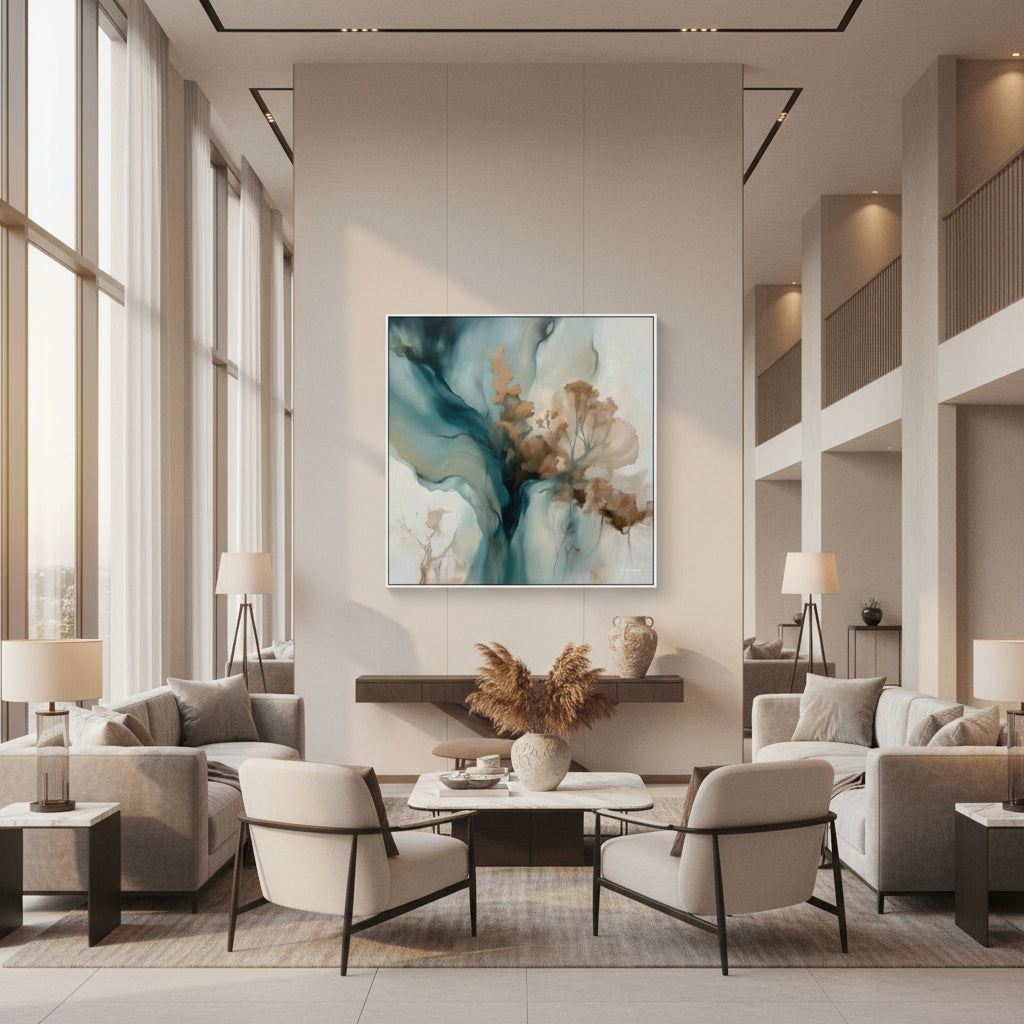 Modern living room with a large abstract painting on the wall, comfortable furniture, and decorative elements.