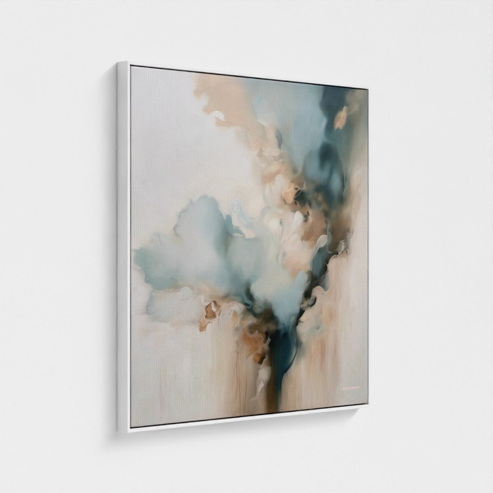 Abstract art painting with soft colors on a white wall