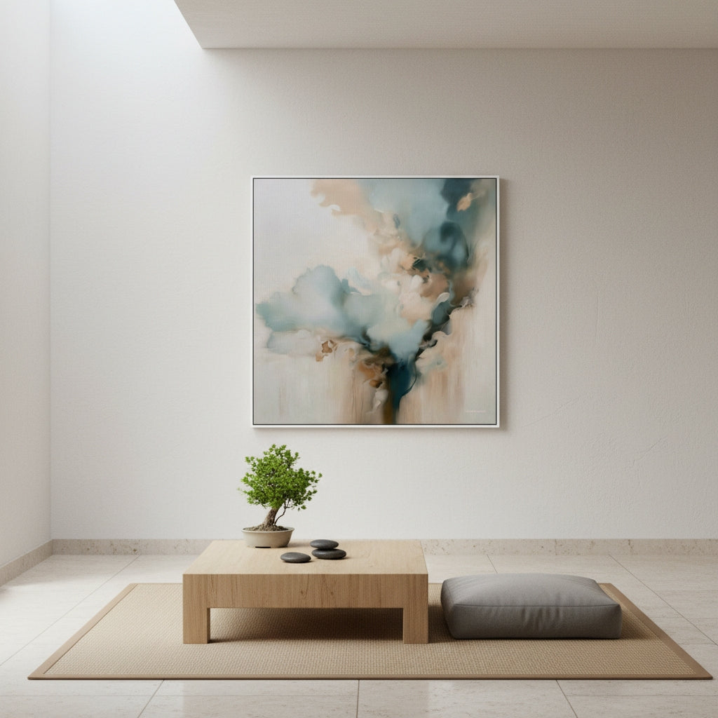 Modern interior with abstract painting, wooden table, and plant on a light background