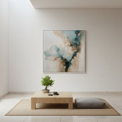 Modern interior with abstract painting, wooden table, and plant on a light background