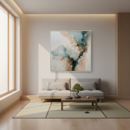 Modern living room with a gray sofa, coffee table, and abstract painting on the wall.