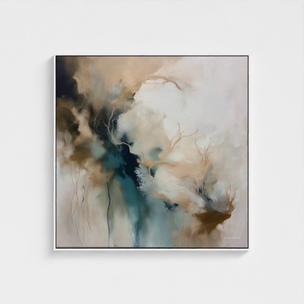 Abstract painting with earthy tones on a white background