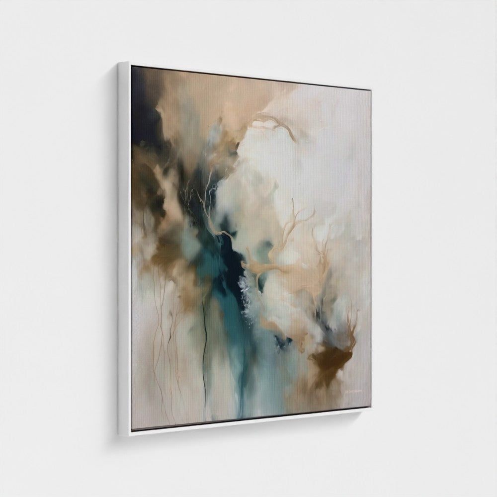 Abstract painting with earthy tones on a white wall