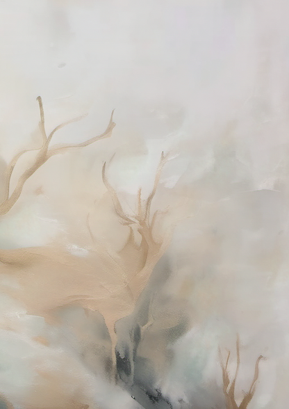 Abstract watercolor painting of trees and mist on a light background