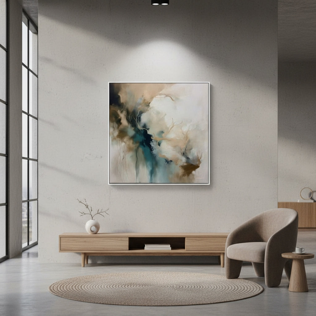 Modern living room with abstract painting on the wall, wooden TV stand, and round rug.