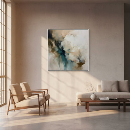 Modern living room with abstract art on the wall, chairs, and a sofa.