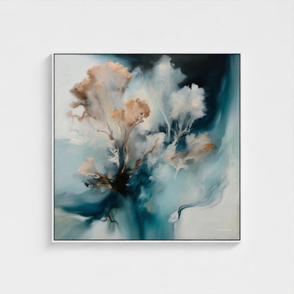 Abstract art piece with blue, white, and beige colors on a light gray background