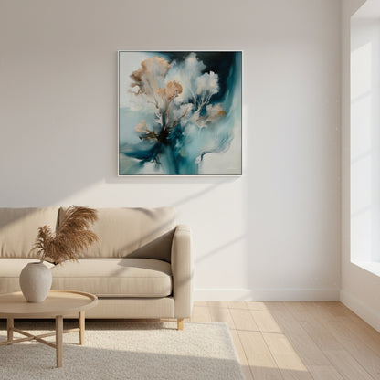Living room with a beige sofa, small table, and abstract painting on the wall.