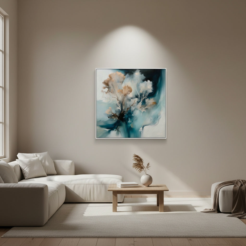 Modern living room with a floral painting on the wall, a sofa, and a coffee table.