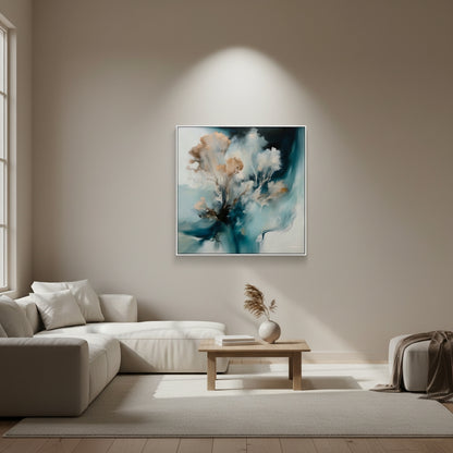 Modern living room with a floral painting on the wall, a sofa, and a coffee table.