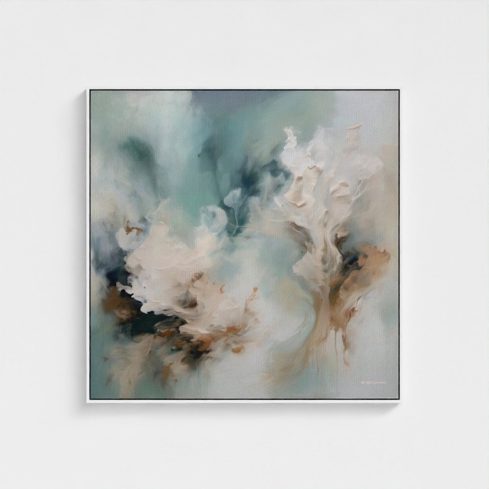 Abstract painting with swirling colors on a white background