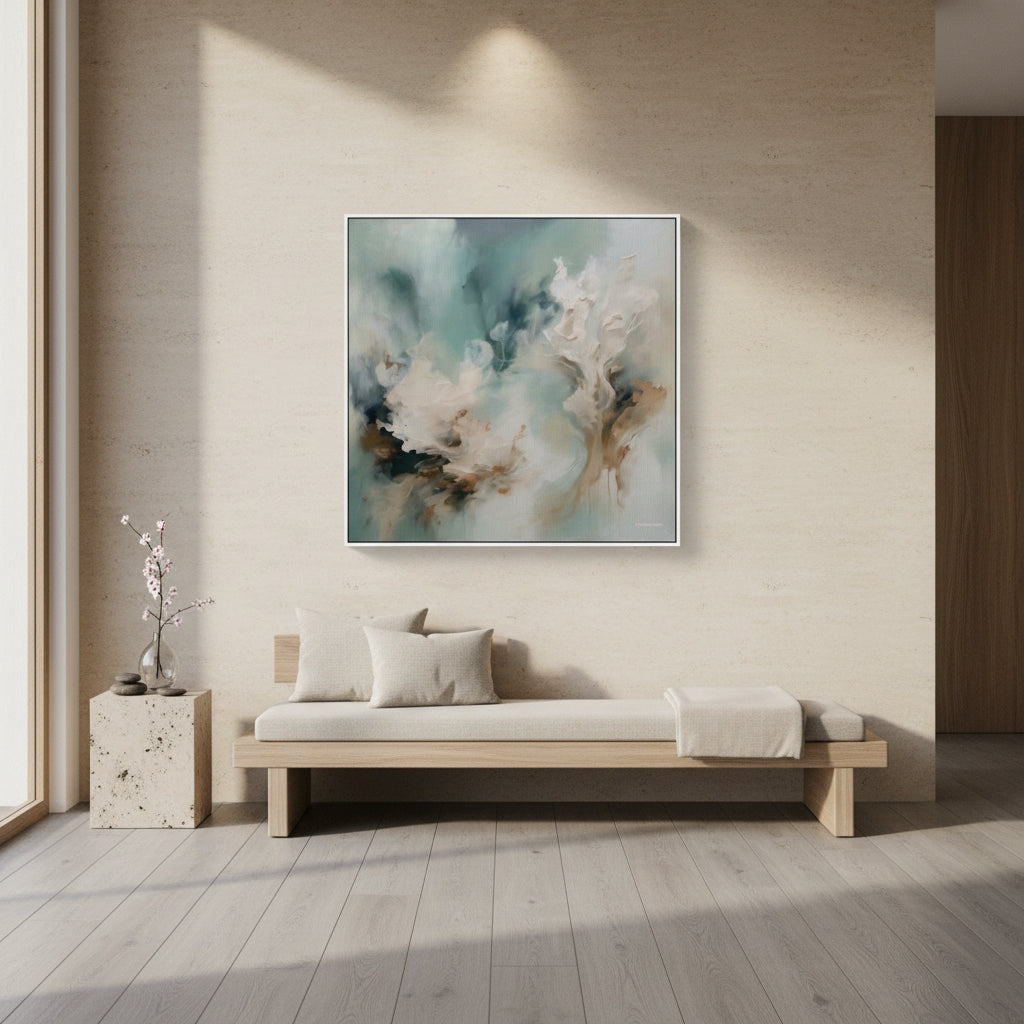 Modern living room with a abstract painting on the wall, a wooden bench, and a plant.