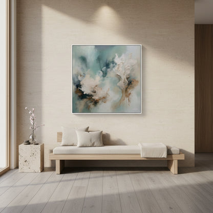 Modern living room with a abstract painting on the wall, a wooden bench, and a plant.