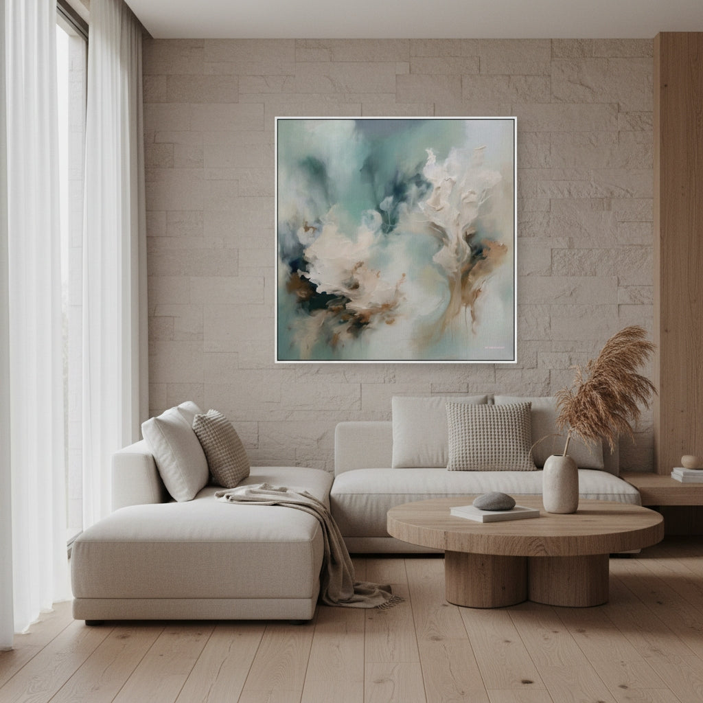 Modern living room with a beige sofa, round wooden coffee table, and abstract painting on the wall.