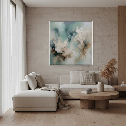 Modern living room with a beige sofa, round wooden coffee table, and abstract painting on the wall.