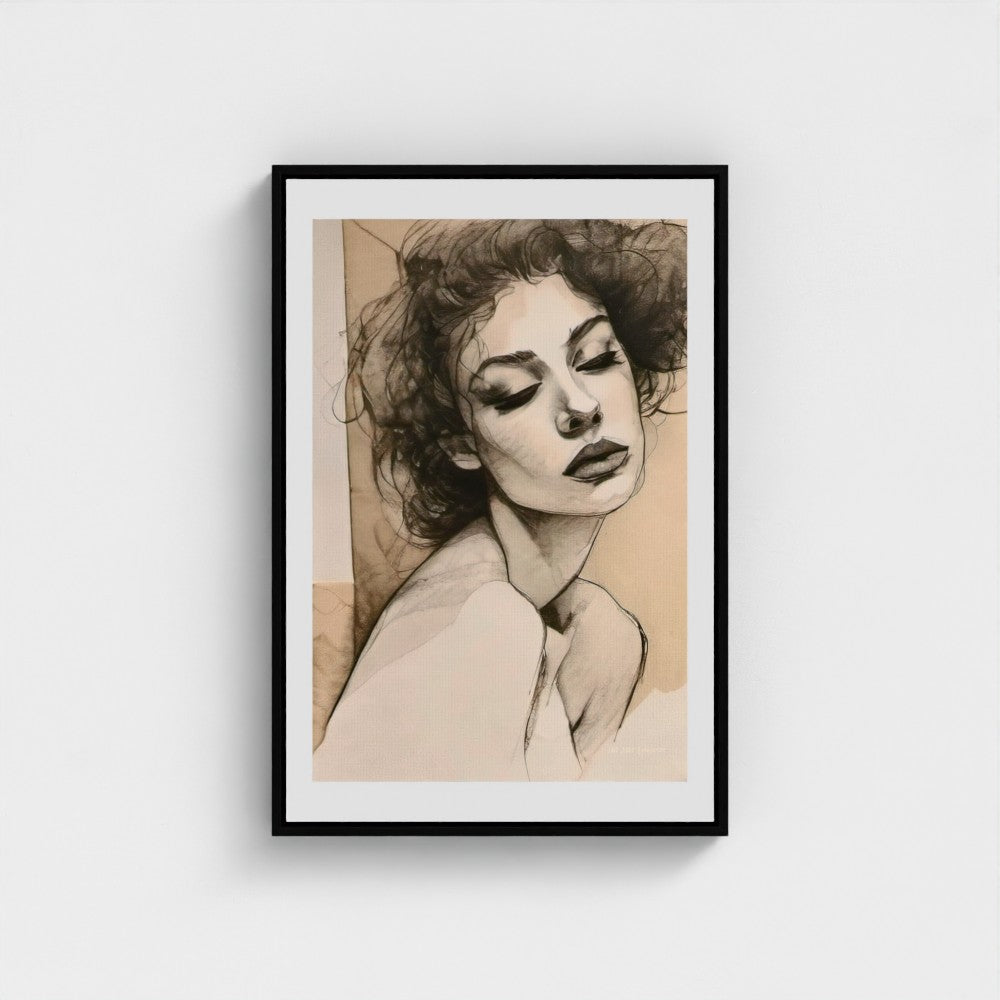 Framed artwork of a woman's portrait on a white wall