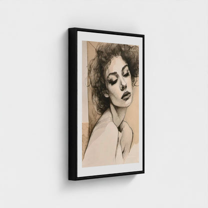 Framed artwork of a stylized portrait on a white wall