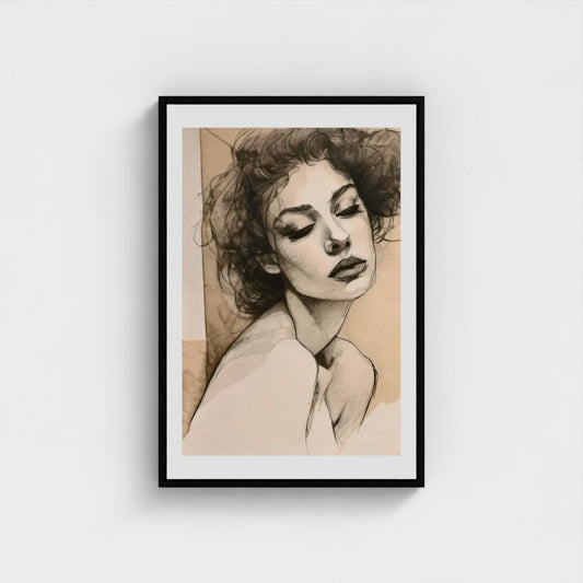 Framed artwork of a woman's portrait on a white wall