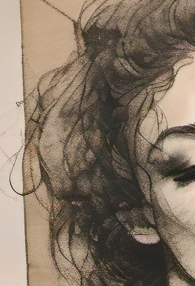 Artistic depiction of a woman's face with flowing hair on a textured background