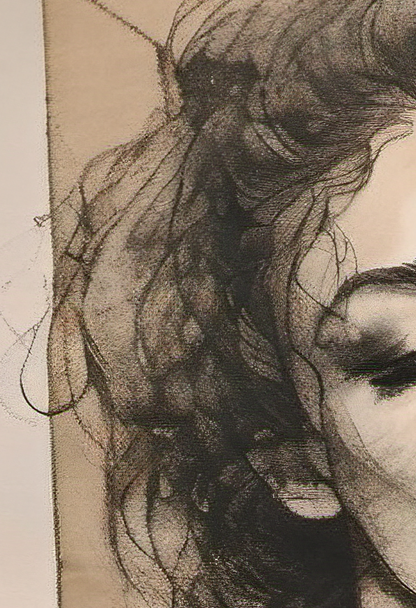 Artistic depiction of a woman's face with flowing hair on a textured background