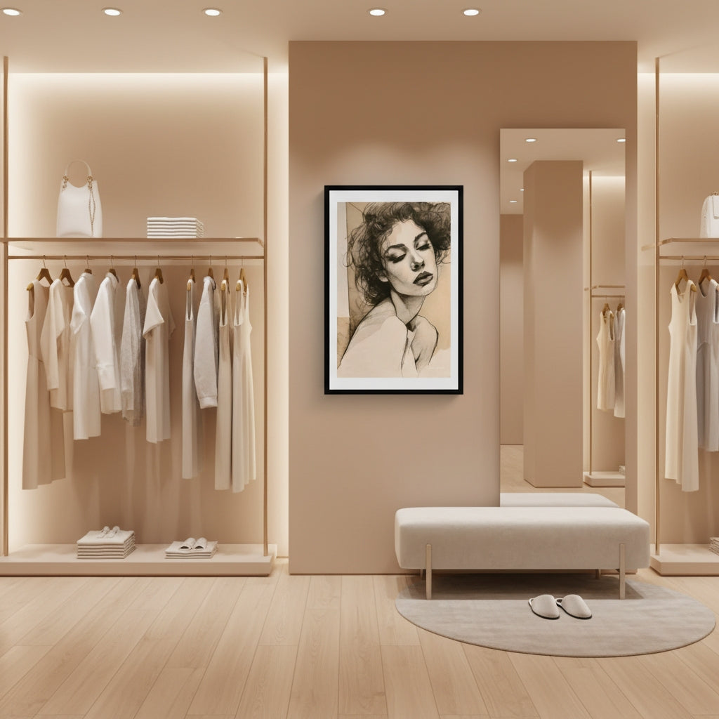 Modern wardrobe interior with clothes, a bench, and a framed picture on the wall.