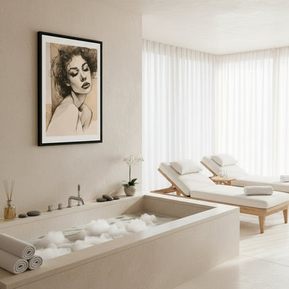 Modern bathroom with a bathtub, lounge chairs, and framed artwork.