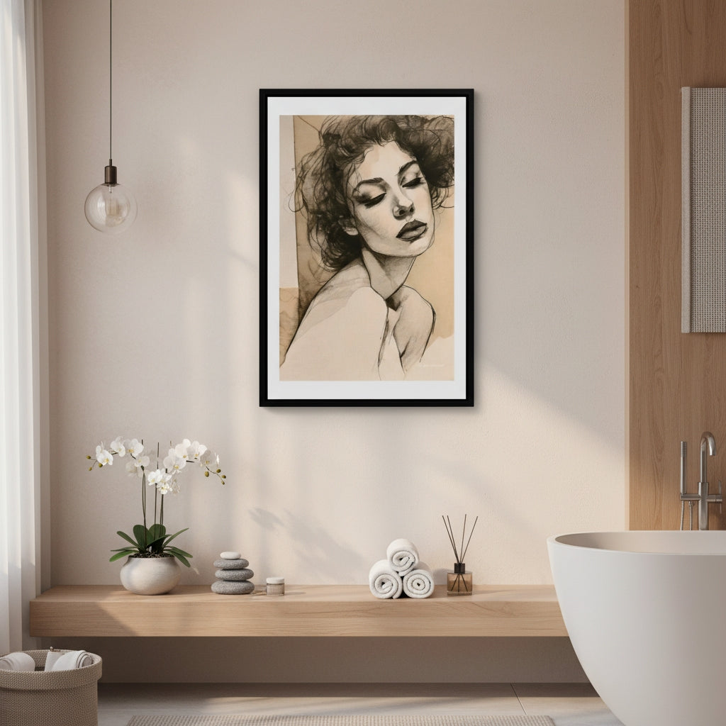 Framed artwork of a woman's portrait in a modern bathroom setting.