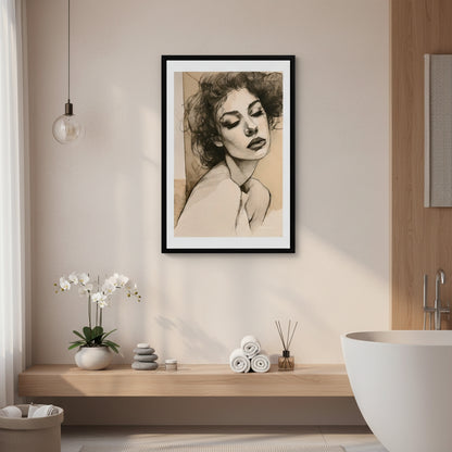Framed artwork of a woman's portrait in a modern bathroom setting.