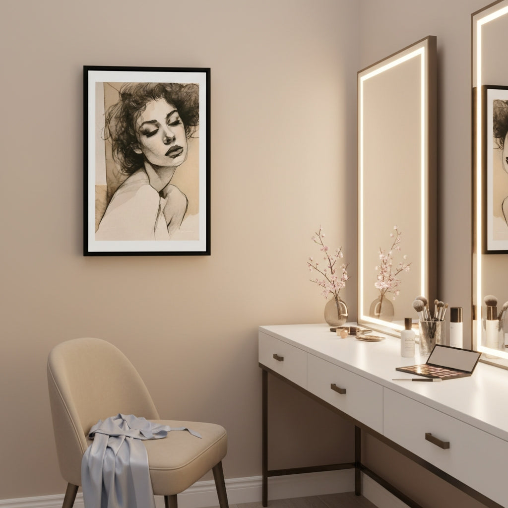 Modern vanity setup with illuminated mirror, desk, chair, and wall art.