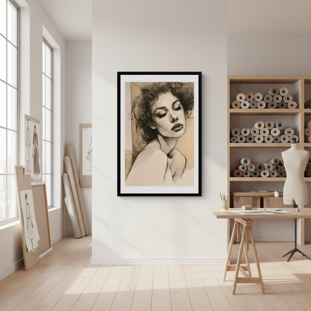 Framed artwork of a woman's portrait in a room with shelves and a desk.