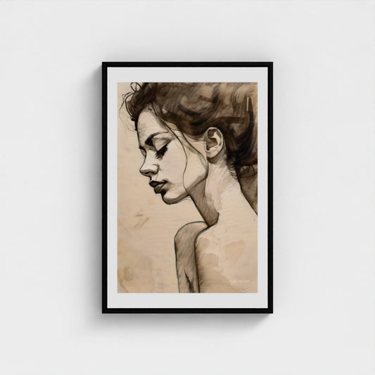 Framed artwork of a woman's profile on a beige background